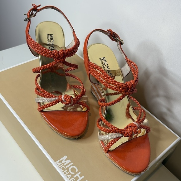 Michael Kors | Spring Orange Summer Wedge Knotted Braided Strappy Sandals 6.5 M - Picture 5 of 17
